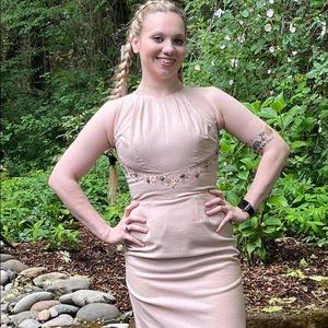 1950s Eloise Curtis Rose Wool Bespoke Beaded Wiggle Dress - Luxe Pencil Dress